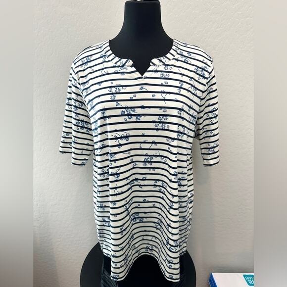 L.L.BEAN | Plus Size Supima Cotton Top Blue Floral Stripe Short Sleeve Tee | 1X - Picture 2 of 6